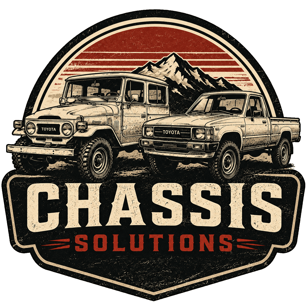 Chassis Solutions badge with classic Toyota 4×4s and mountain artwork